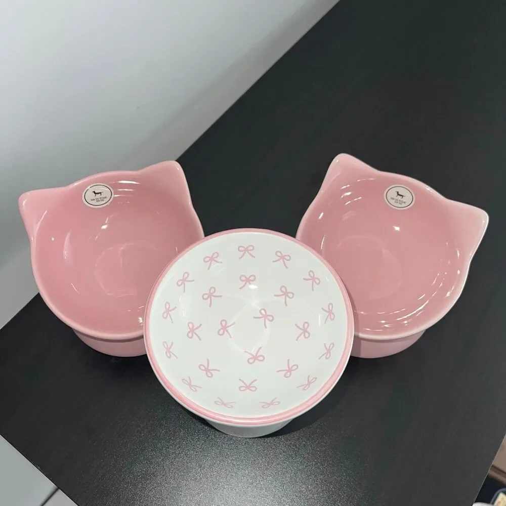 Kawaii Elevated Stoneware Ceramic Cat Bowl Set